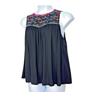 Embroidered Flowy Tank M Black Keyhole Boho Western Whimsigoth Savannah Jane